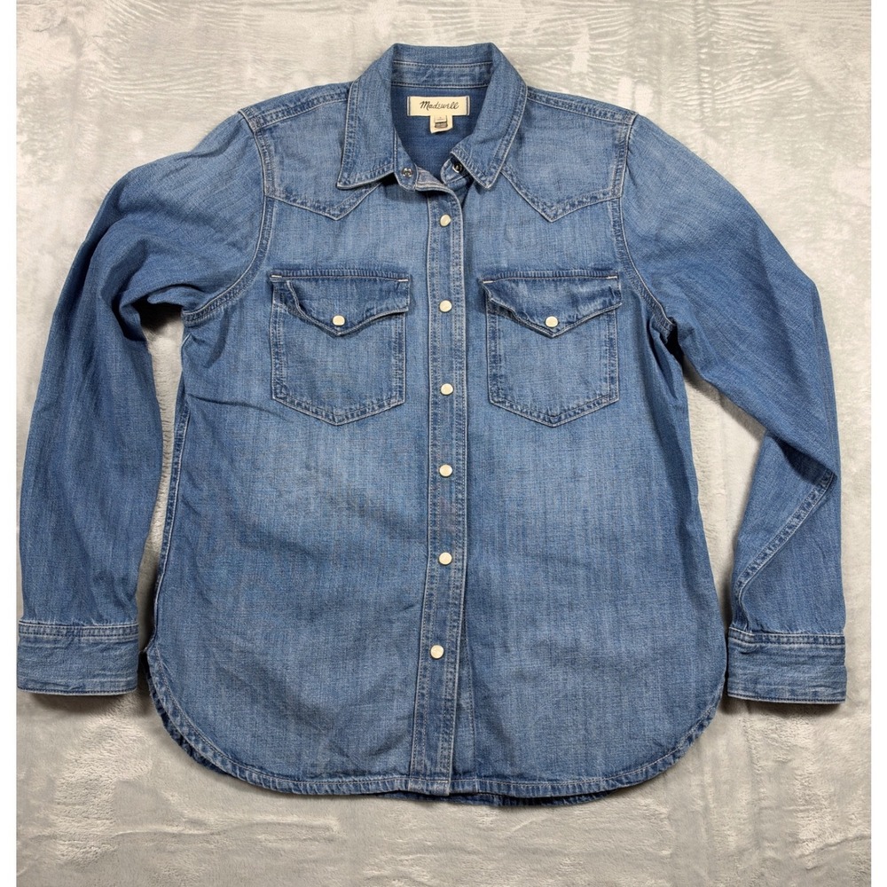 Madewell Women's S Denim Western Shirt Pearl Snap Blue Cotton Cowboy Cowgirl